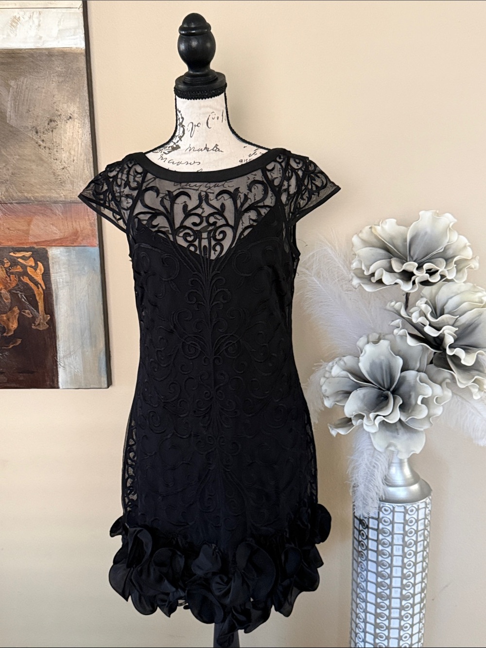 GUESS Black Lace & Ruffle Mini Dress